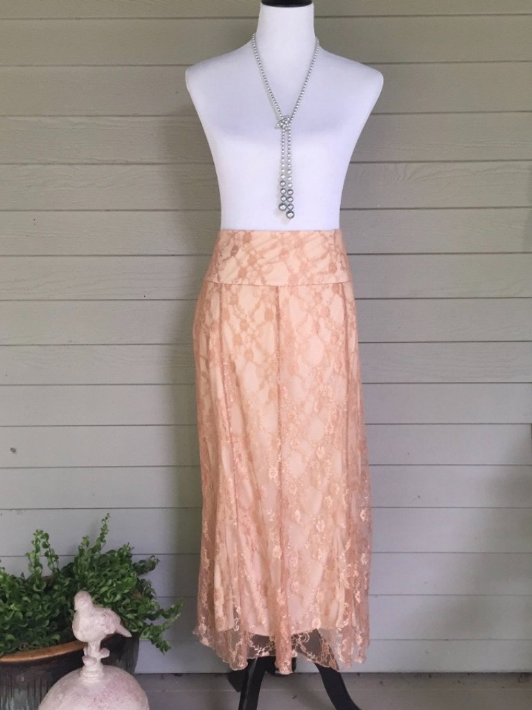Vintage Worthington Rose Champagne Colored Lace Skirt, Vintage Long Lace Skirt